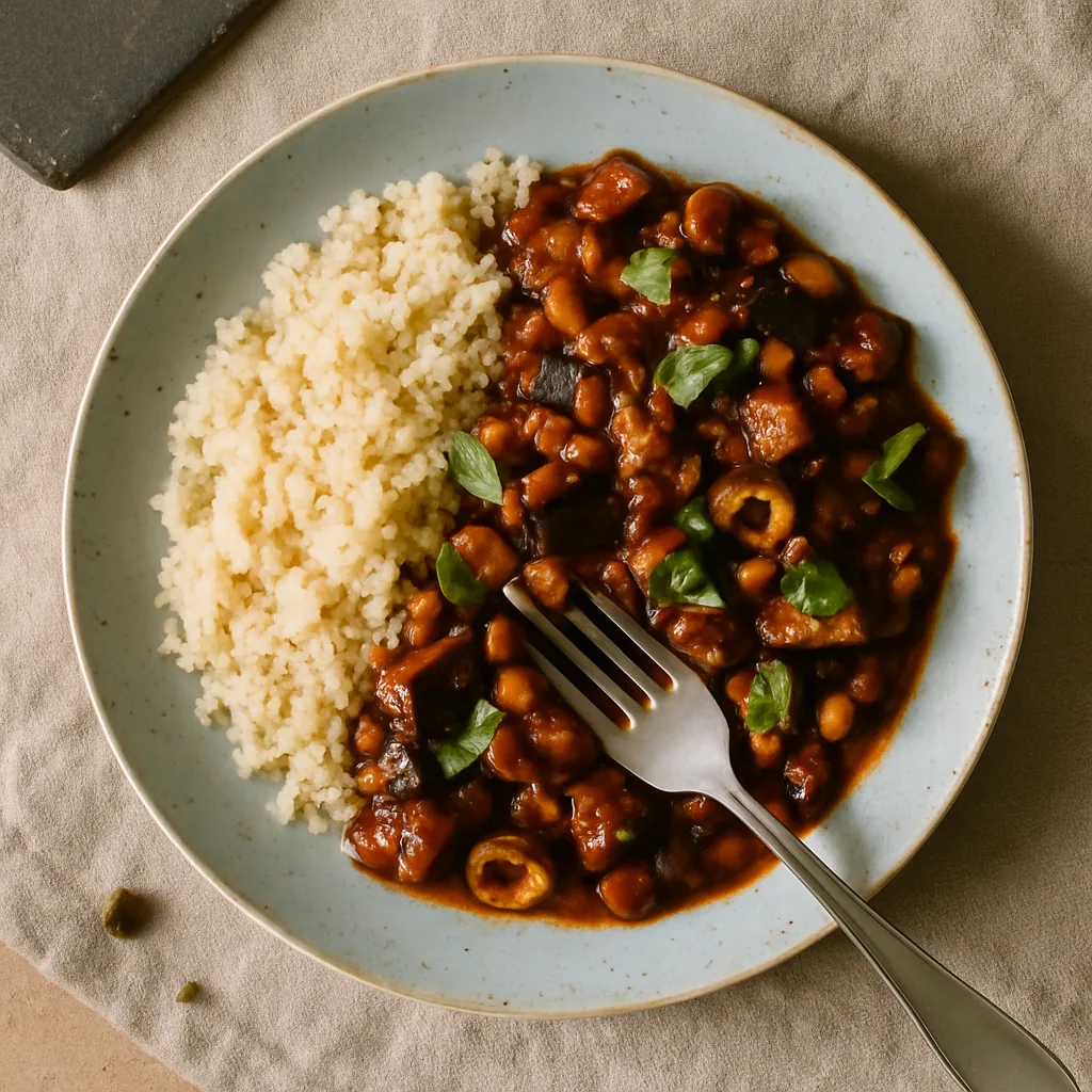 The finished dish on a pale blue glazed ceramic plate with speckle. A generous pile of caponata on one half: dark collapsed aubergine, sliced celery still holding a little bite, torn green olives, capers, chickpeas, all in a thick sweet-sour red-brown sauce.