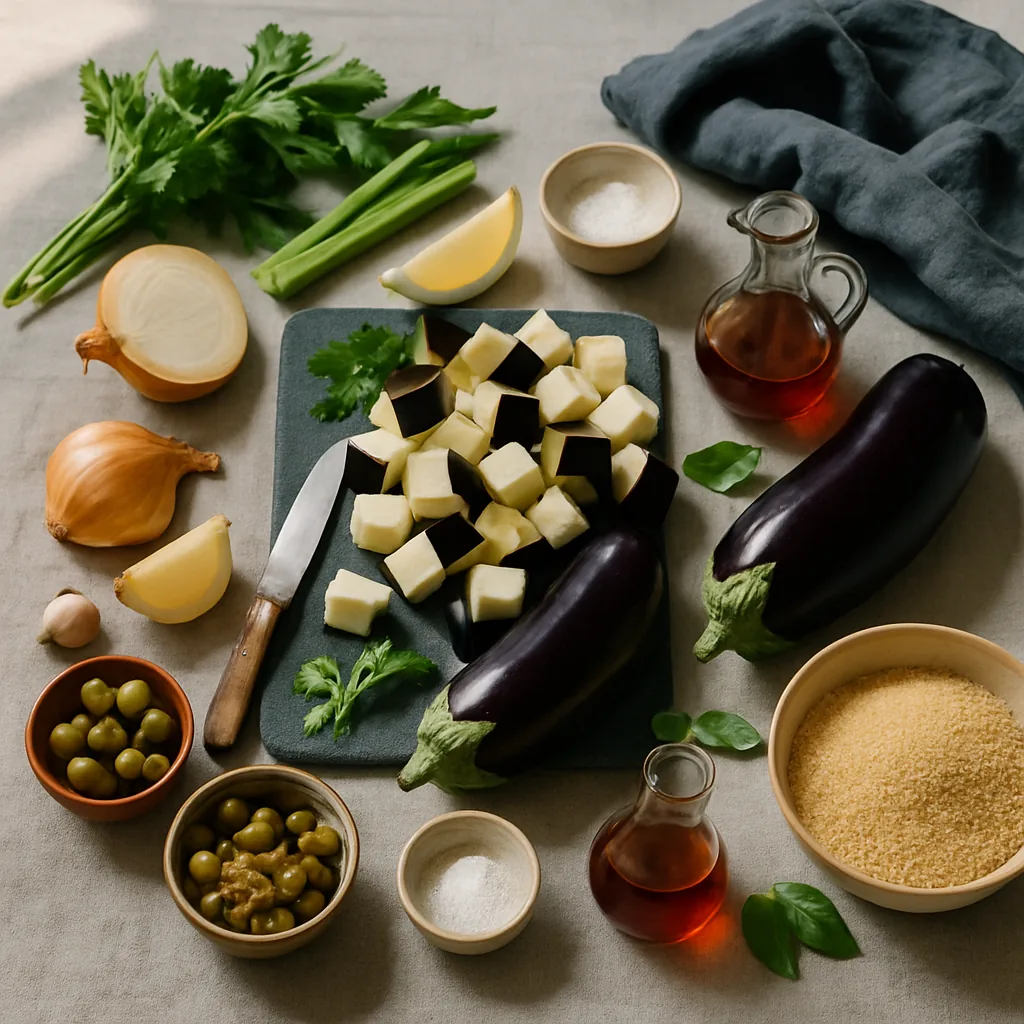 Ingredients laid out for caponata with chickpeas, served with couscous: two aubergines, an onion, two sticks of celery, a small bowl of green olives, a small dish of rinsed capers, an opened tin of chopped tomatoes and one of chickpeas.