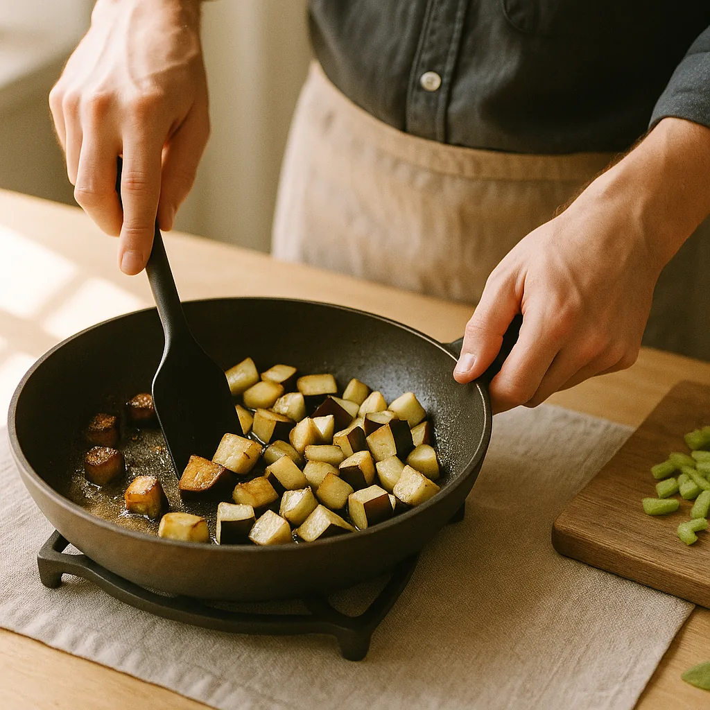 A pair of hands turns aubergine cubes in a wide shallow pan with a black silicone spatula. Half the cubes are deep brown and collapsing, half are still pale purple-white at the cut faces, mid-turn with a few lifted clear of the pan.