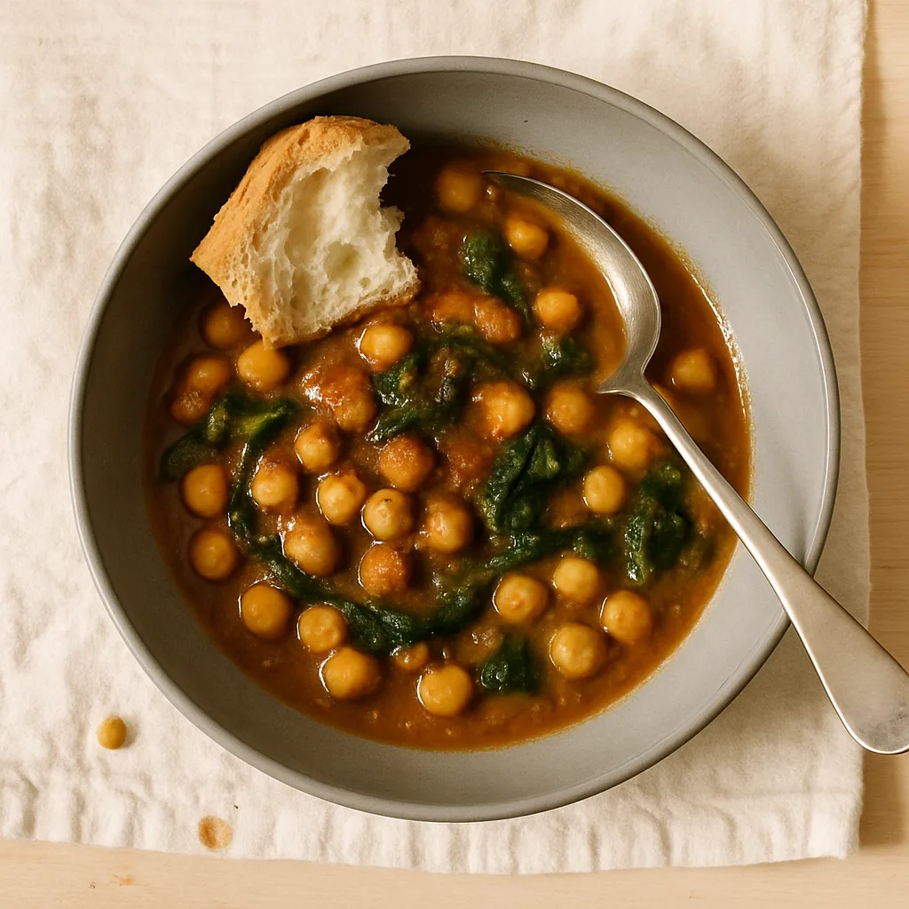 The finished stew in a warm grey matte deep bowl. Whole chickpeas in a thick ochre-brown sauce that clings rather than runs, dark wilted spinach folded through it, the surface flecked red with smoked paprika and glossy with oil.
