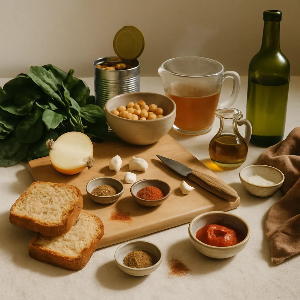 Ingredients laid out for a chickpea and spinach stew thickened with fried bread, cumin and smoked paprika.