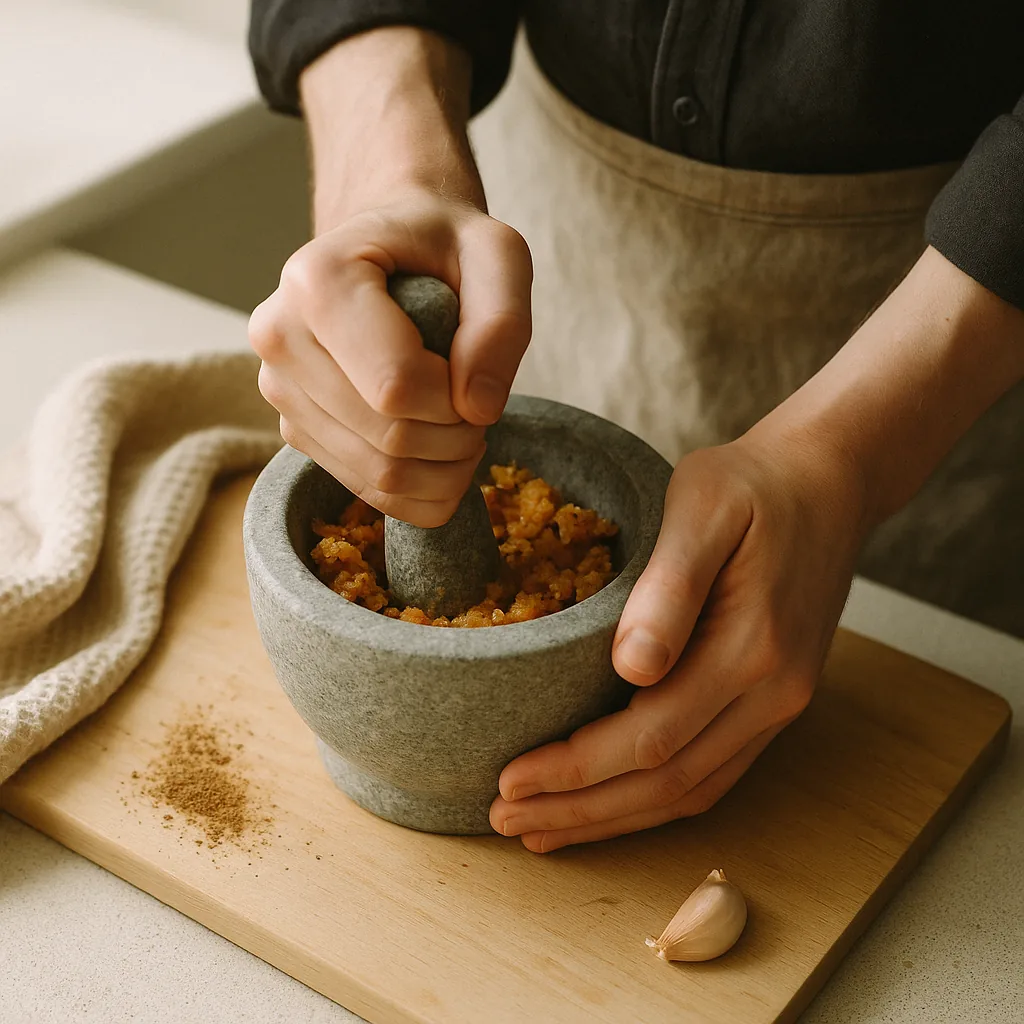 A pair of hands works a stone mortar and pestle, crushing fried bread, garlic and cumin into a coarse damp paste.