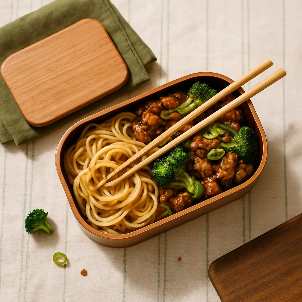 The open tier holds glossy egg noodles on one side and the chicken and broccoli on the other, separated by a small divider: dark soy glaze, scorched broccoli tips, ginger matchsticks, sliced spring onion and a few chilli flakes over the top.