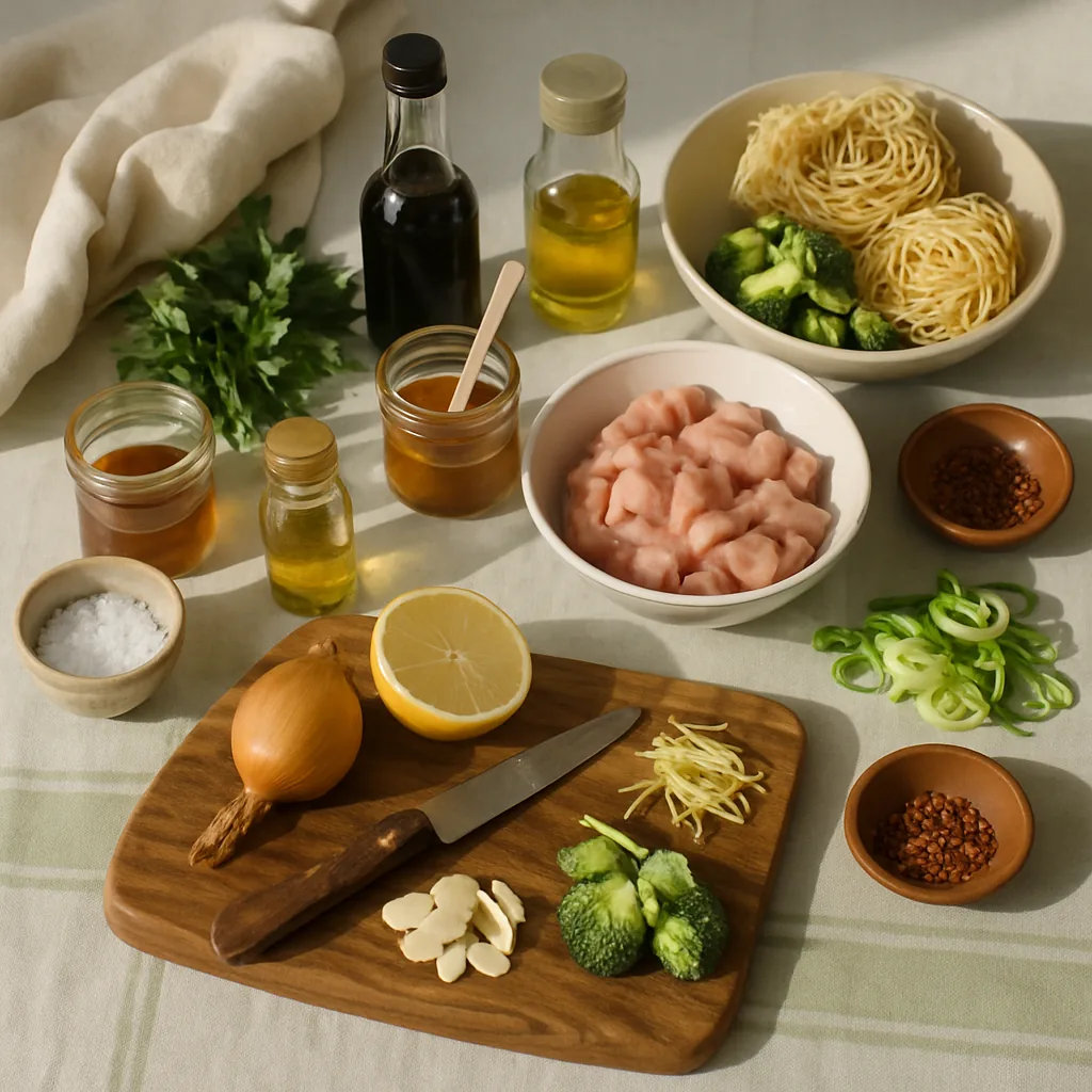 Ingredients laid out for a chicken and broccoli stir-fry with egg noodles, everything prepped small and fast, the way a stir-fry has to be.