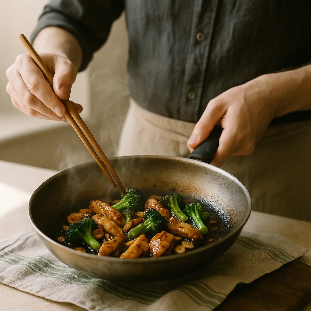 A pair of hands works a hot wide steel pan over high heat, one hand gripping the pan handle and tilting it so the contents slide, the other holding a pair of long wooden cooking chopsticks pushing through the food.