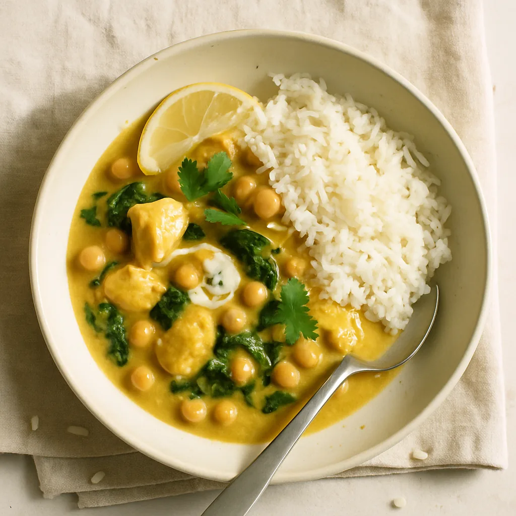 The finished curry in a matte cream stoneware deep bowl. A pale gold sauce, tender chicken chunks, whole chickpeas, dark green wilted spinach running through it, a swirl of coconut milk not quite stirred in.