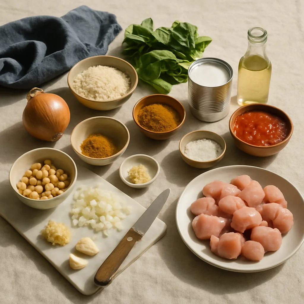 Ingredients laid out for a chicken, chickpea and spinach curry with basmati rice: boneless chicken thigh cut into 3 cm chunks, an onion, 2 garlic cloves and a knob of fresh ginger, a pinch bowl of curry powder, an opened tin of chickpeas.