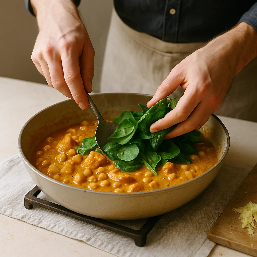 A pair of hands folds a large handful of fresh spinach into a wide pan of curry with a large metal spoon. Half the spinach has already collapsed into the sauce, half is still raw and bright green on top, mid-fold.