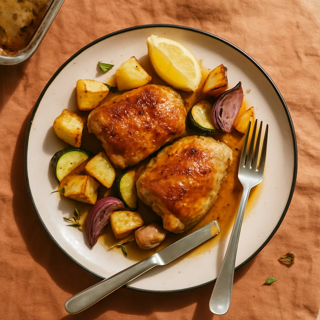 The finished tray bake plated on a pale pink plate with a hand-painted thin black rim. Two chicken thighs with crackling burnished skin, roast potato chunks with dark crisp corners, soft red onion wedges, courgette half-moons browned at the edges.