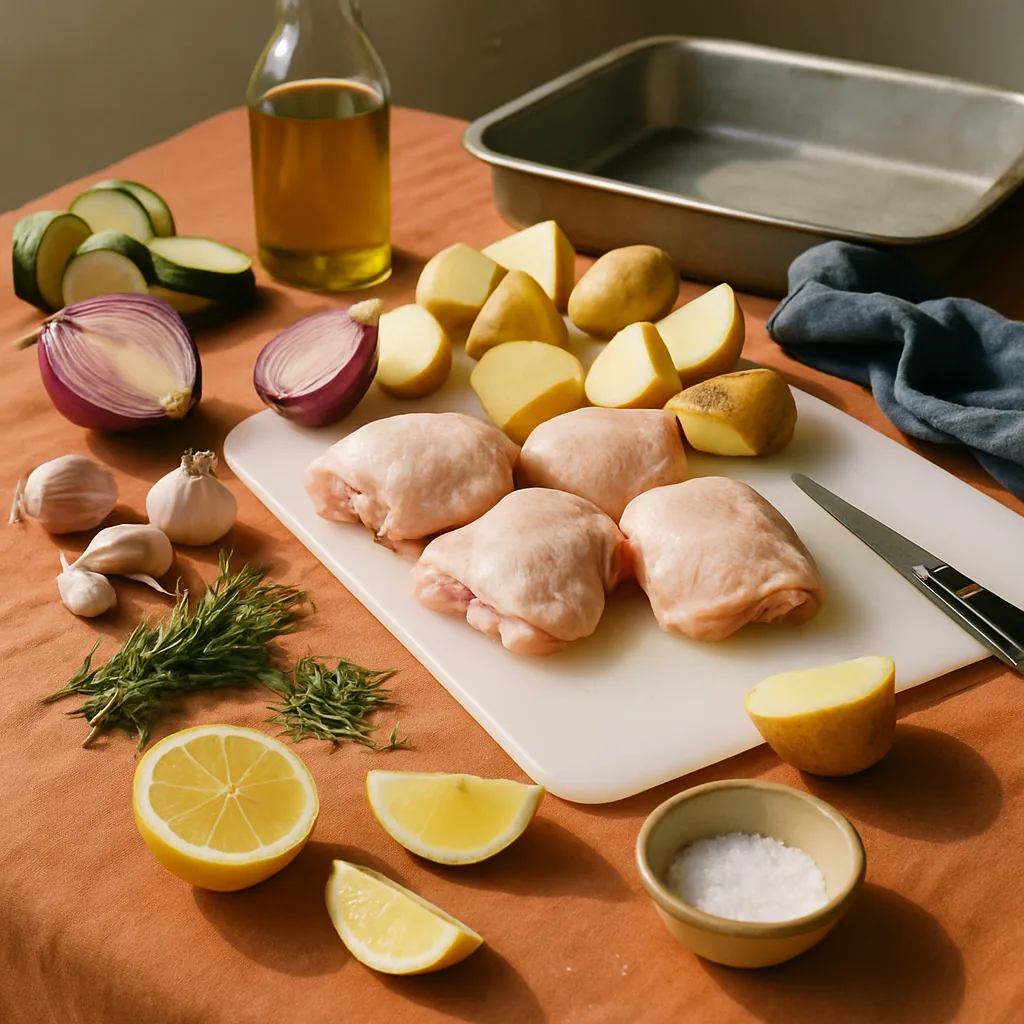 Ingredients laid out for a chicken, potato and rosemary tray bake, everything about to go into one tin.