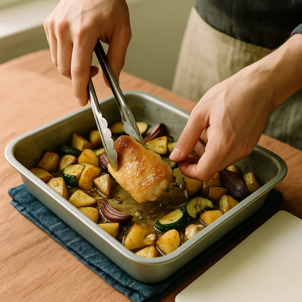 A pair of hands uses metal tongs to turn a chicken thigh in a shallow roasting tin, half way through cooking. The thigh is lifted just clear of the tin, skin already golden and blistered, a bead of fat falling.