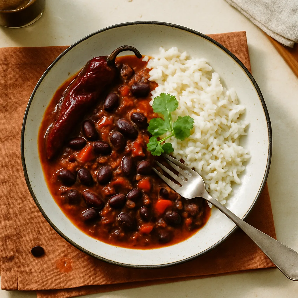 The finished dish on a pale pink plate with a hand-painted thin black rim. A thick dark brick-red chilli on one side, kidney and black beans whole and glossy in it, diced red pepper visible.
