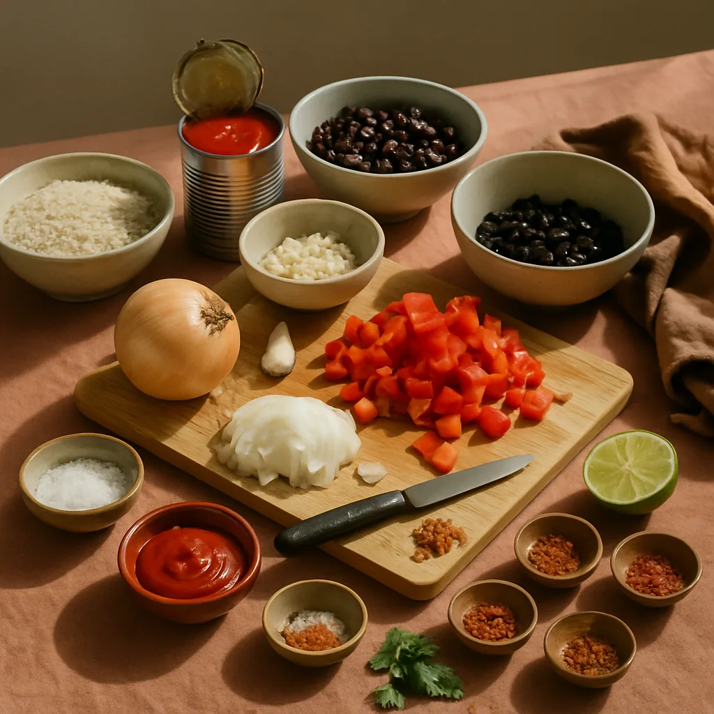 Ingredients laid out for a chilli sin carne with two kinds of bean, served with rice: two opened tins, an opened tin of chopped tomatoes, an onion part chopped and a red pepper part diced, 2 garlic cloves.