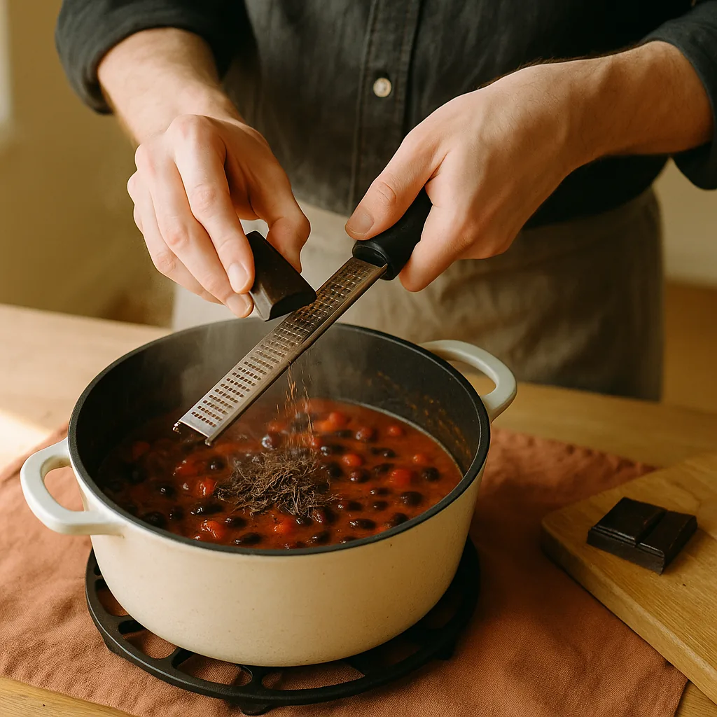 A pair of hands grates dark chocolate straight into a deep pot of chilli with a microplane, fine dark shavings falling and landing on the surface, some already melting into dark streaks.