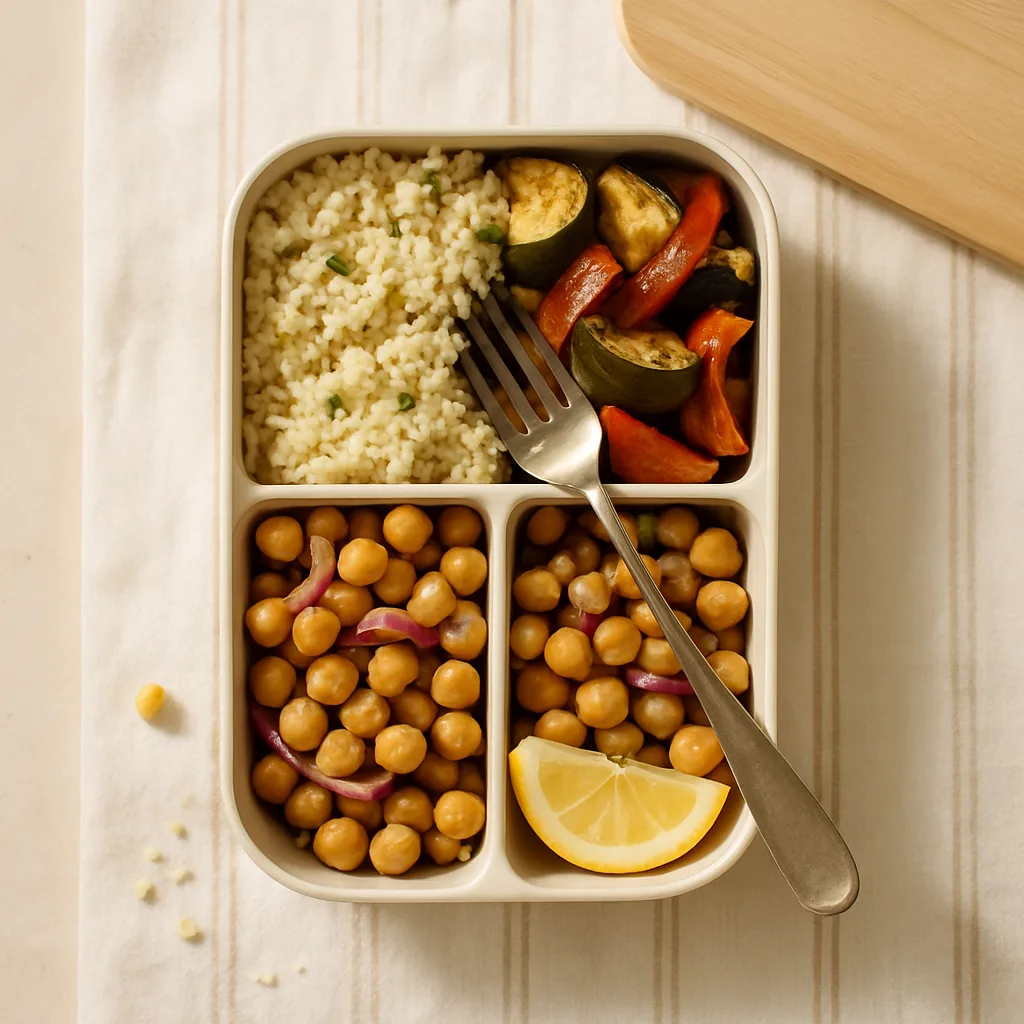 One compartment holds fluffy couscous flecked with parsley, one holds roasted courgette chunks and red and yellow pepper strips with dark blistered edges, one holds chickpeas tossed with red onion, cumin and paprika.