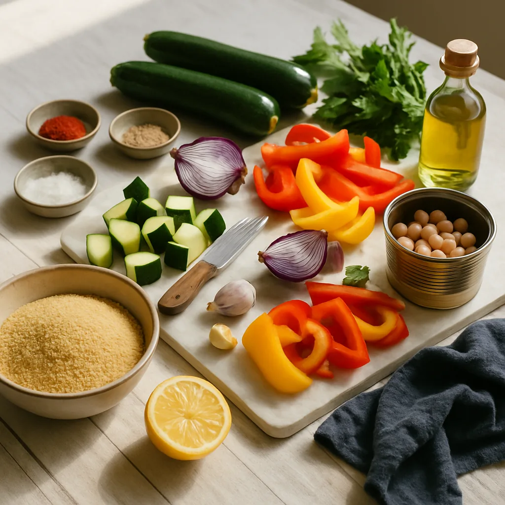Ingredients laid out for couscous with chickpeas, roasted courgette and peppers: a bowl of dry couscous, two courgettes, two peppers, a red onion cut into wedges, an opened tin of chickpeas, pinch pots of ground cumin and sweet paprika.