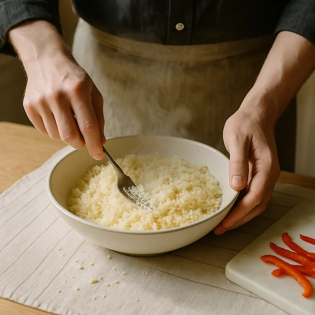 A pair of hands forks through a bowl of just-soaked couscous to break up the clumps, the tines dragging through and separating the grains, a small cloud of loose grains lifting where the fork has passed.