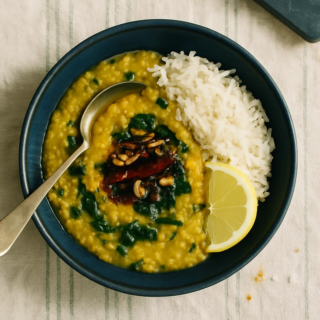 The finished dal in a deep navy bowl. Thick soft yellow-orange lentils, completely collapsed, dark green wilted spinach folded through, and a dark ring of spiced oil poured over the top with whole cumin seeds.