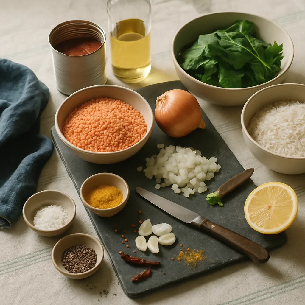 Ingredients laid out for a red lentil dal with spinach, rice, and a spiced oil poured over at the end.