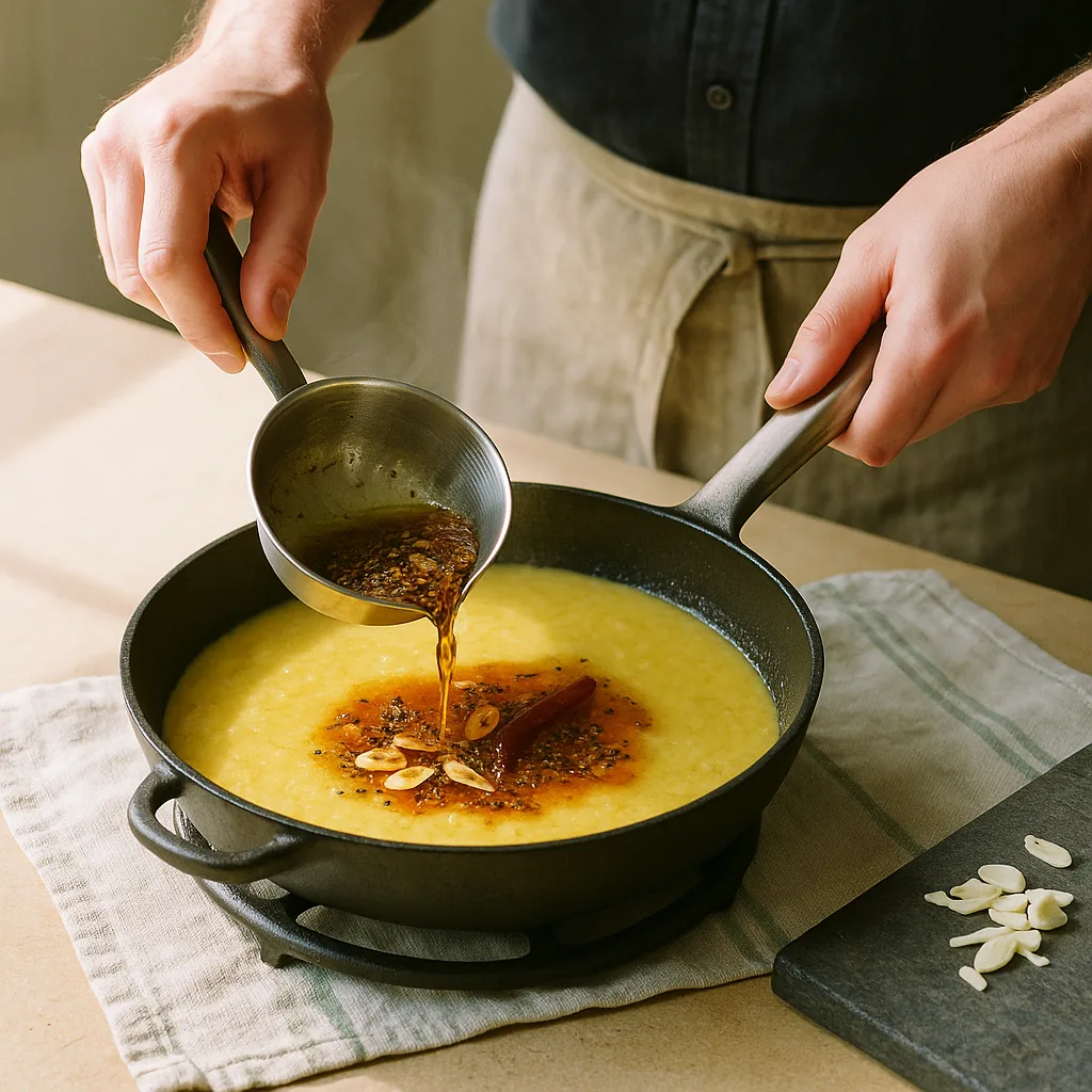 A pair of hands tips a small steel tempering pan of hot spiced oil into a wide pan of finished dal. The oil lands in a bright ring on the yellow surface with cumin seeds, mustard seeds, sliced garlic and a broken dried chilli riding in on it.