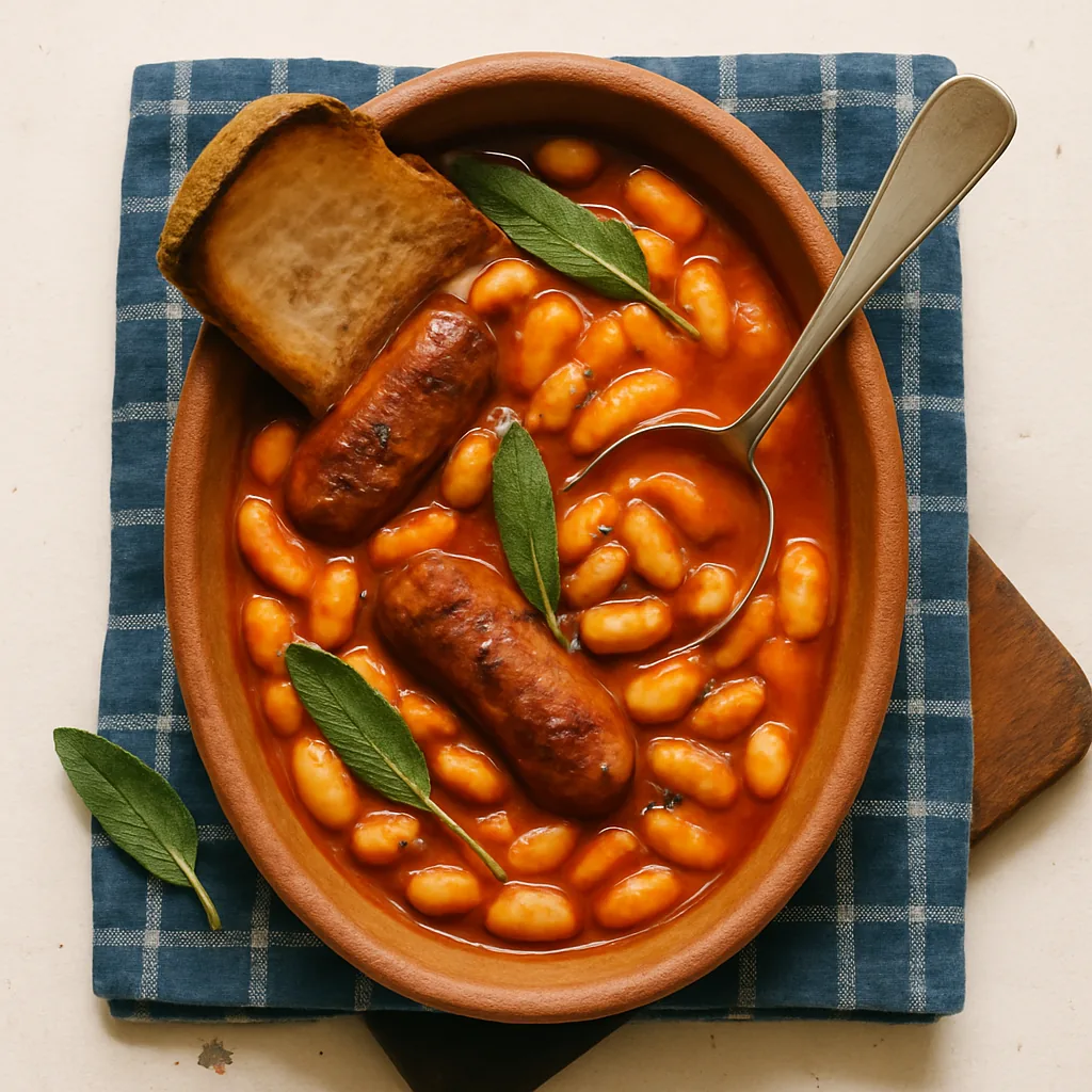 The finished fagioli all'uccelletto in an unglazed terracotta oval baker, the raw clay matte and rough. Whole white cannellini beans in a red-orange tomato and sage sauce that has reduced and gone glossy, chunks of browned sausage half sunk through it.