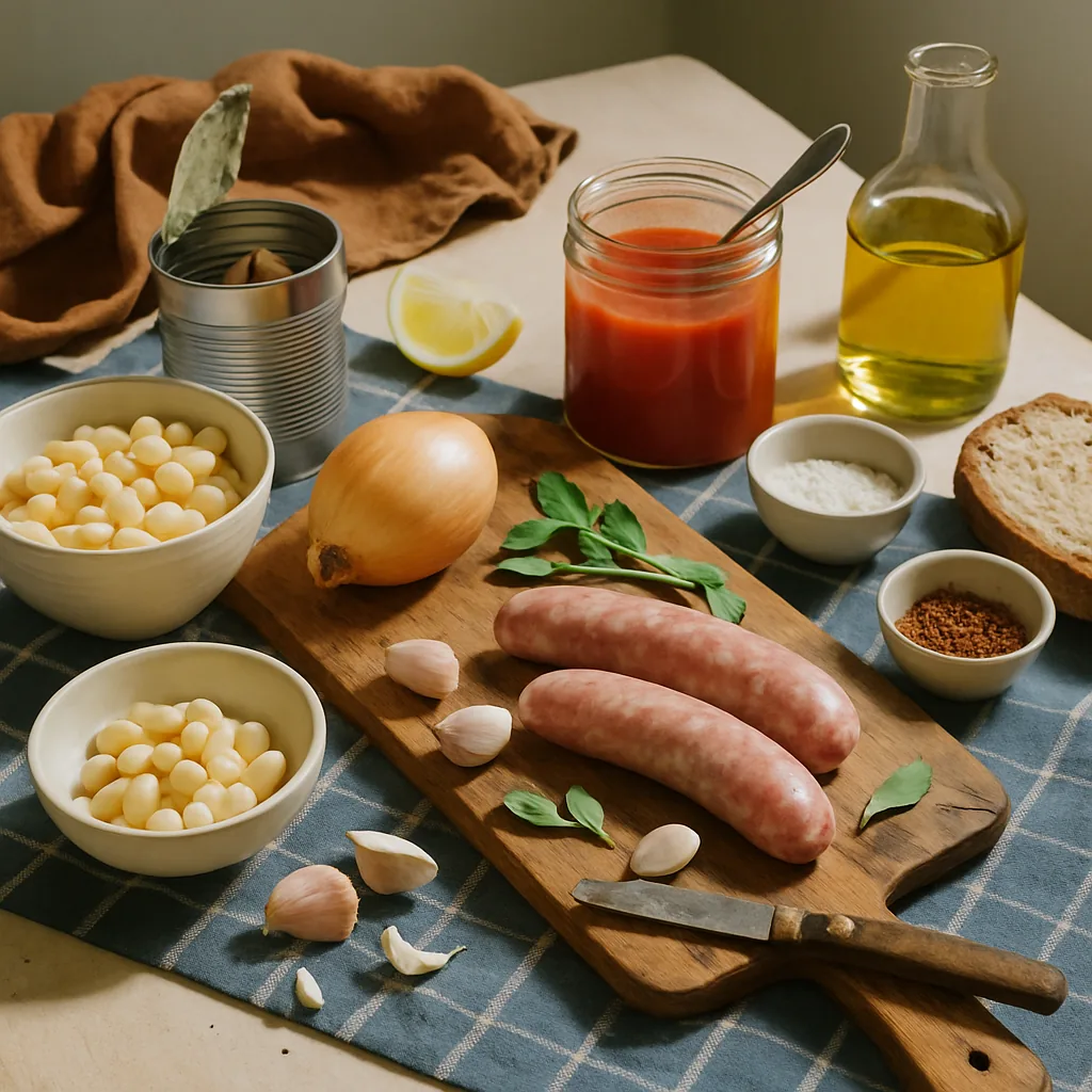 Ingredients laid out for fagioli all'uccelletto, cannellini beans stewed in tomato with sage and garlic, with Italian sausage and country bread.