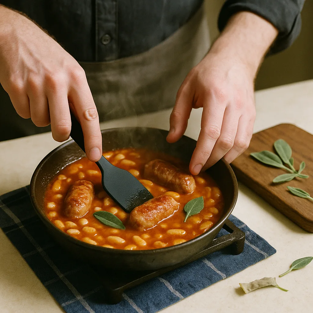 A pair of hands presses browned pieces of Italian sausage down into a shallow pan of white cannellini beans in a red-orange tomato and sage sauce with a black silicone spatula.