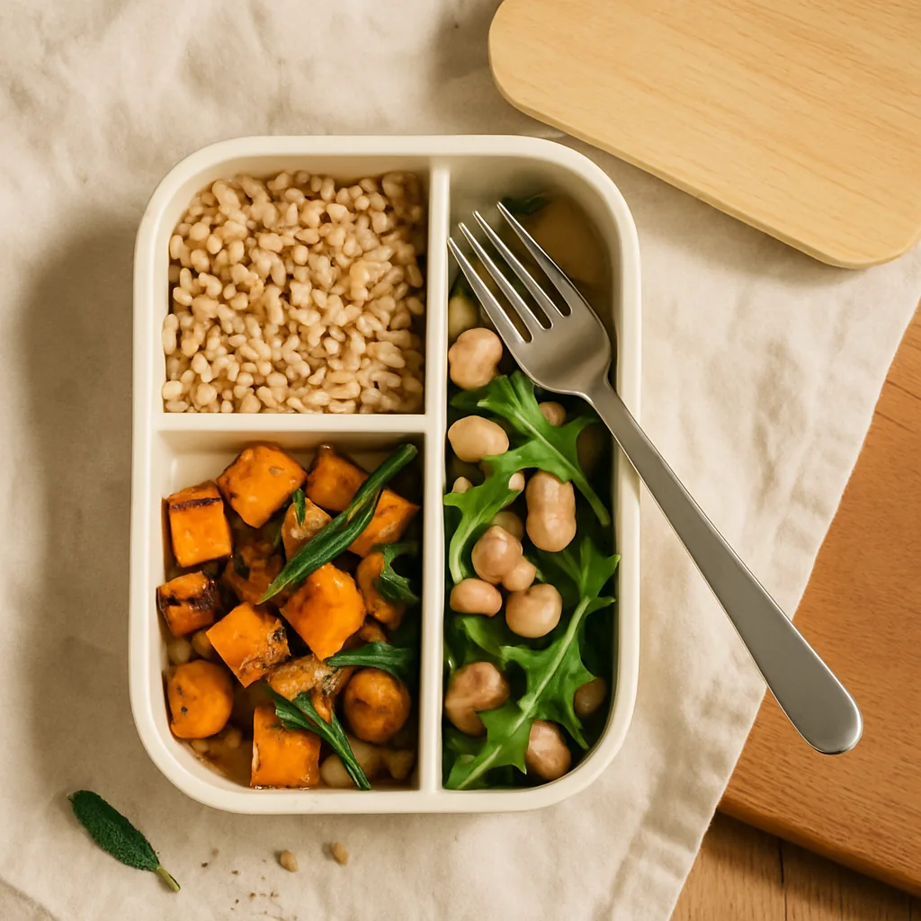 One compartment holds nutty pearled farro, one holds roasted pumpkin cubes with caramelised dark edges and crisped sage leaves, one holds borlotti beans tossed with rocket.