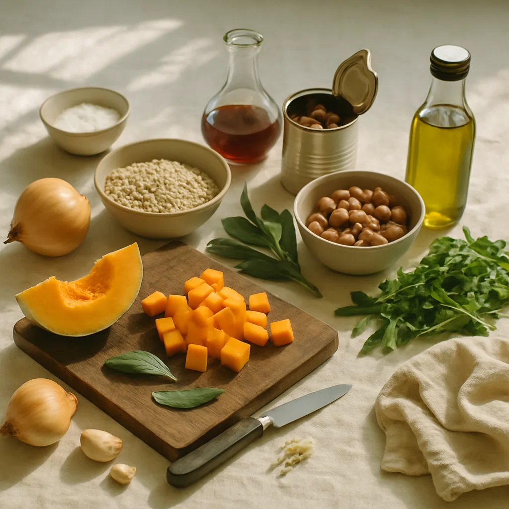 Ingredients laid out for a farro salad with roasted pumpkin, borlotti beans, sage and rocket.
