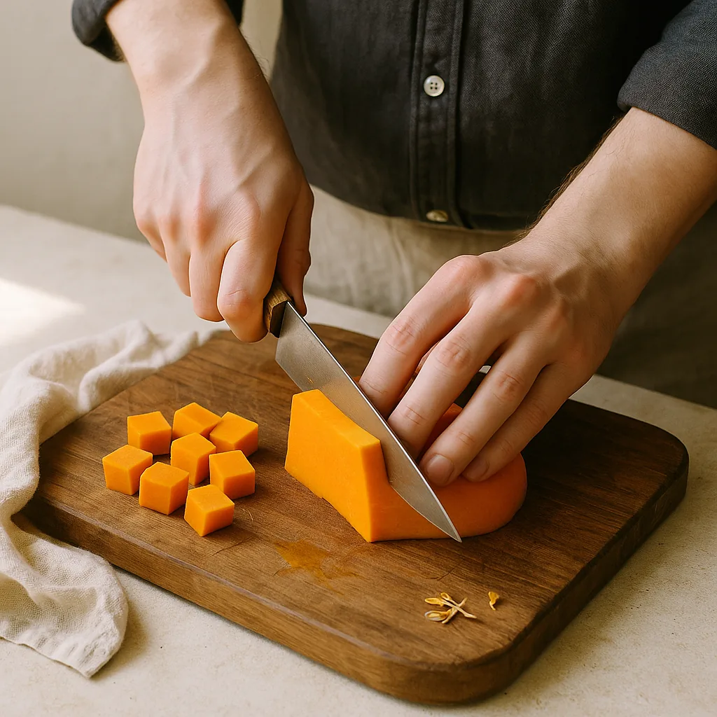 A pair of hands cuts a wedge of pumpkin into cubes on the walnut board with a 20 cm chef's knife, the blade partway through a thick slab, the dense orange flesh resisting.