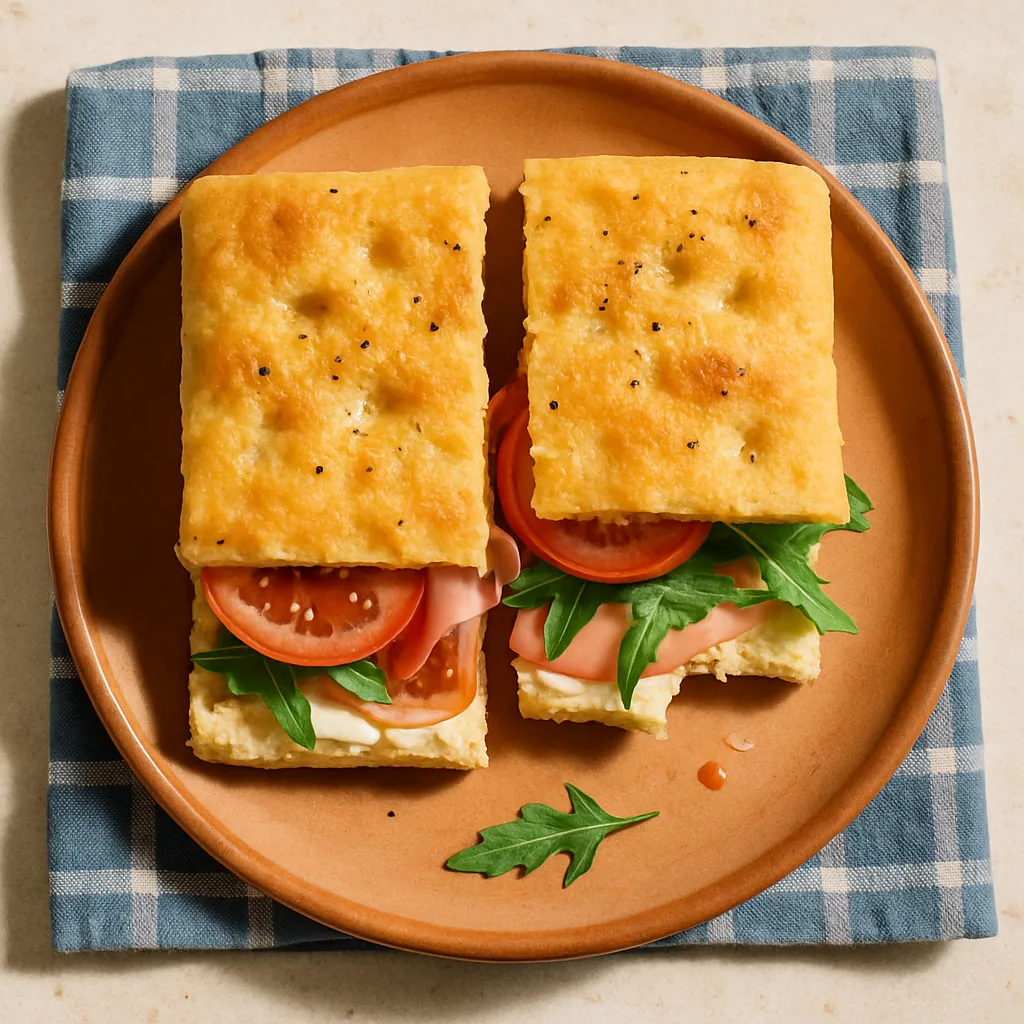 The top focaccia is dimpled and glistening with oil and coarse salt. A crack of black pepper.