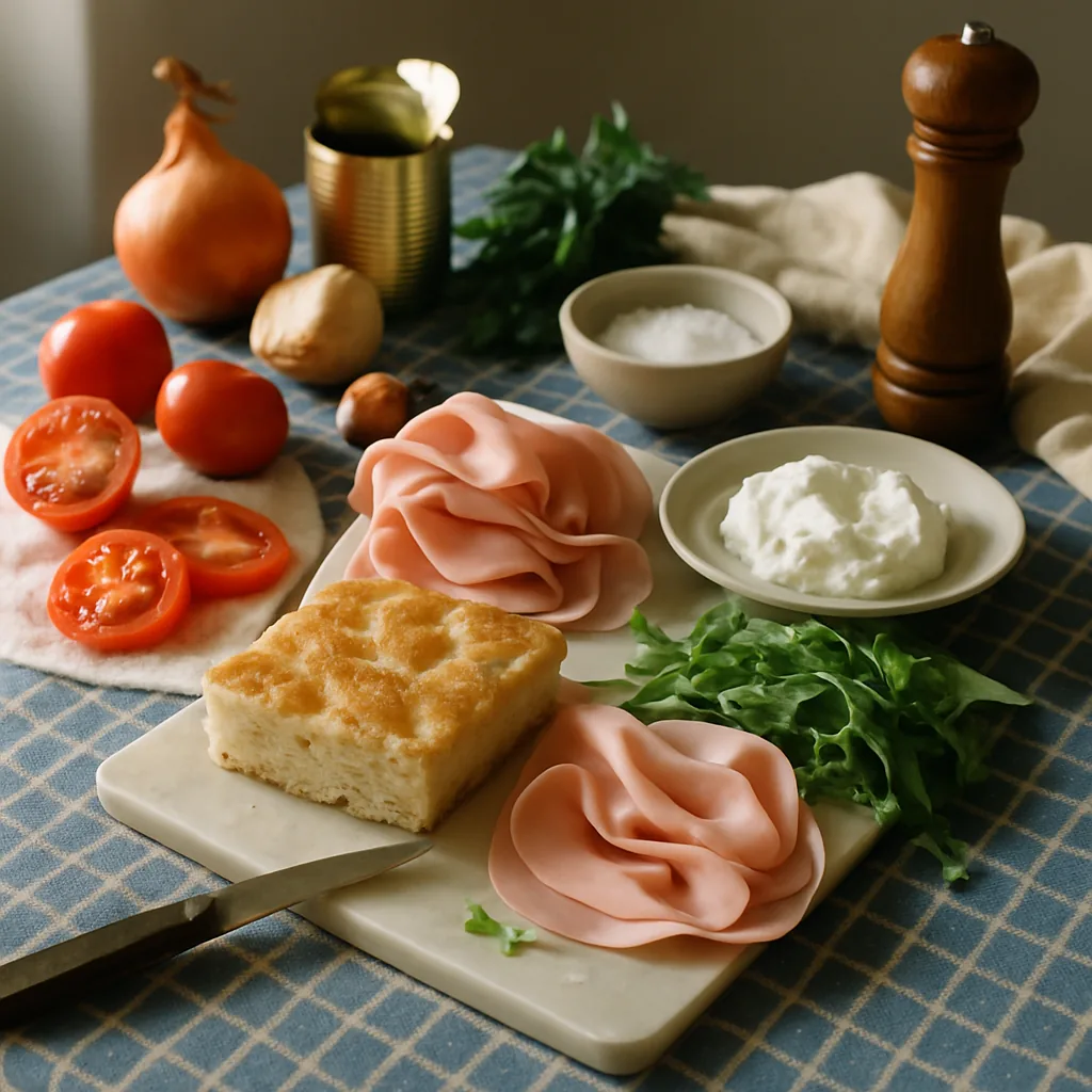 Ingredients laid out for a focaccia sandwich with mortadella, stracchino and tomato: two squares of plain focaccia, slices of mortadella, a mound of stracchino on a small plate, two tomatoes, a loose handful of rocket, a pepper mill.
