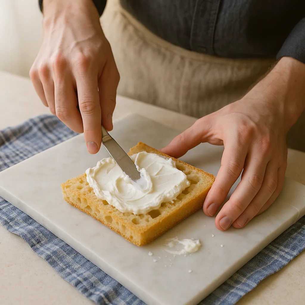 A pair of hands spreads soft stracchino across the cut face of a square of focaccia with a plain table knife, the cheese going on in thick uneven ridges and catching in the open holes of the crumb.
