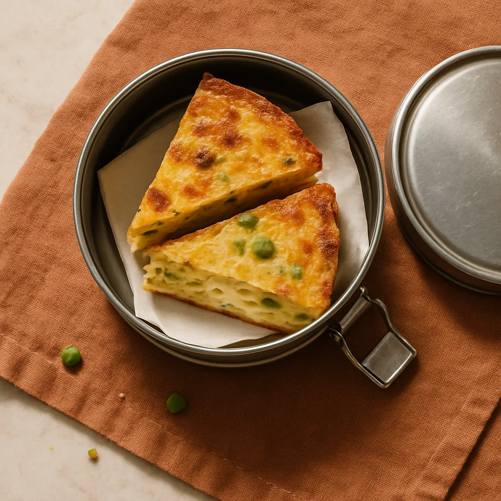 The finished frittata di maccheroni packed cold into a brushed stainless steel tiffin, round stackable tiers with a silver clasp and a slight patina, the top tier open.