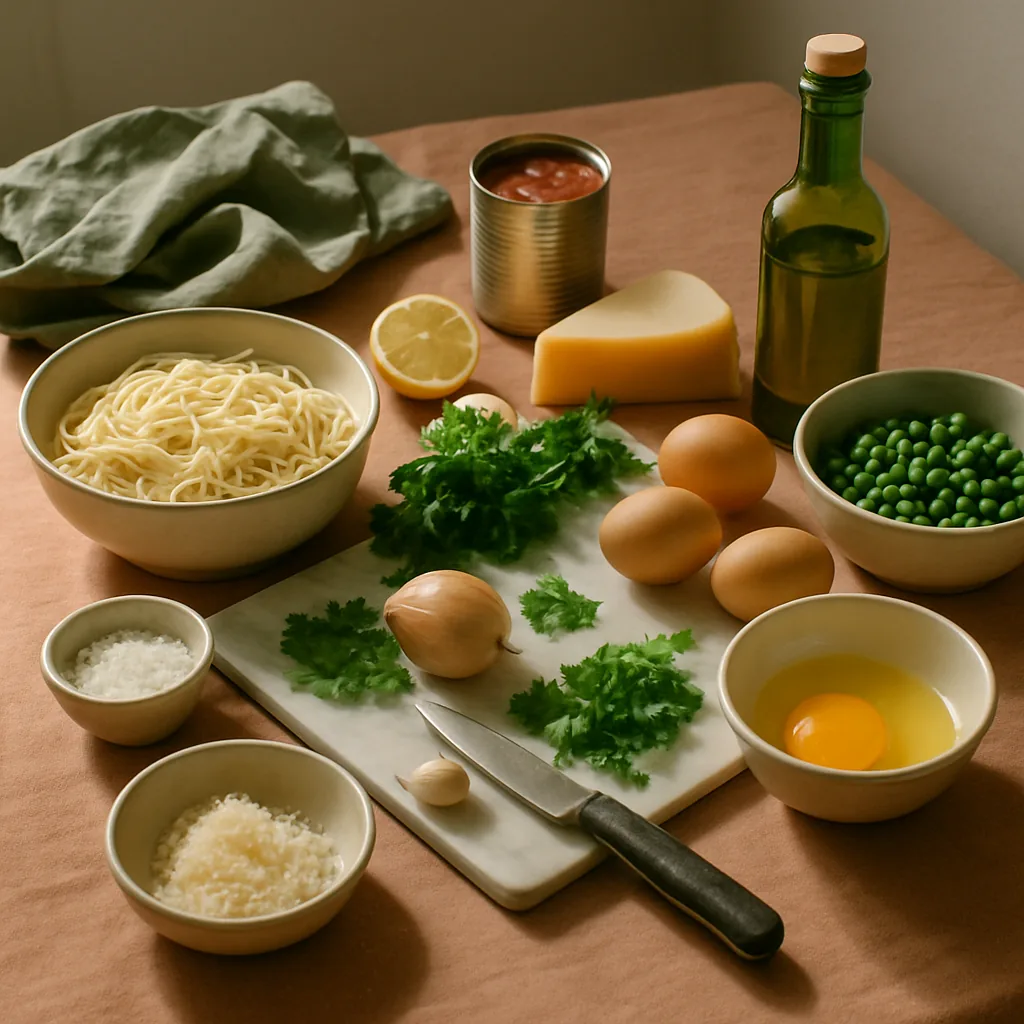 Ingredients laid out for frittata di maccheroni, leftover pasta set in egg with peas and provola and fried into a cake.