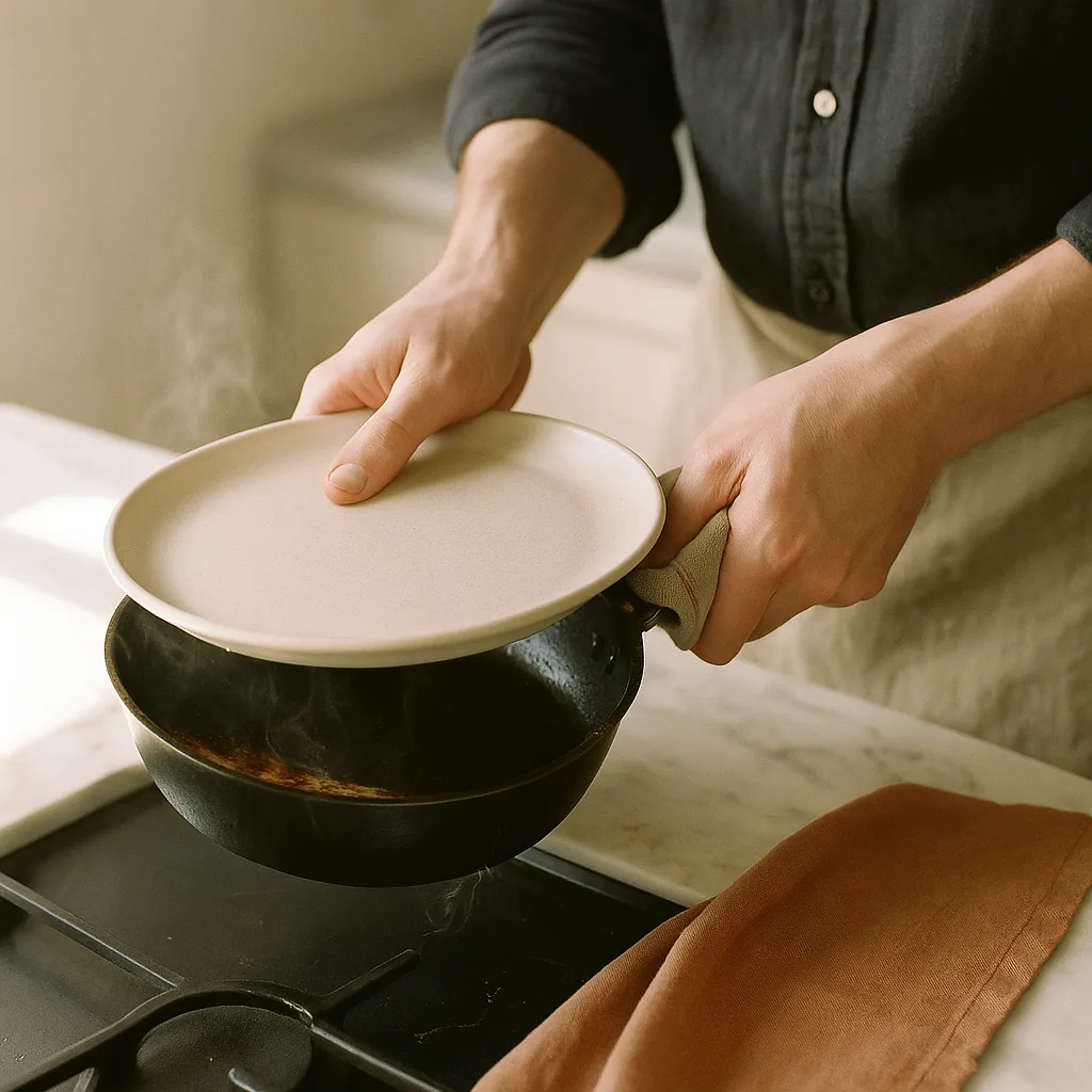 A pair of hands inverts the frittata: one hand presses a flat plate down firmly on top of a small pan, the other grips the pan handle through a folded tea towel, the pan tipped part way over and caught mid-turn.