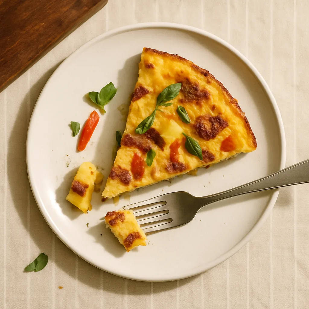 The finished frittata on a plain white porcelain plate with a subtle rim. The golden top is uneven, darker at one edge.