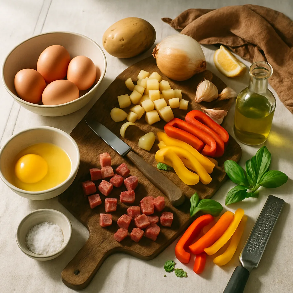 Ingredients laid out for a frittata with peppers, potato and salami: six eggs, two potatoes, two peppers, a short length of salami, an onion, a wedge of parmigiano with a microplane, a few basil leaves, a small bottle of extra virgin olive oil.