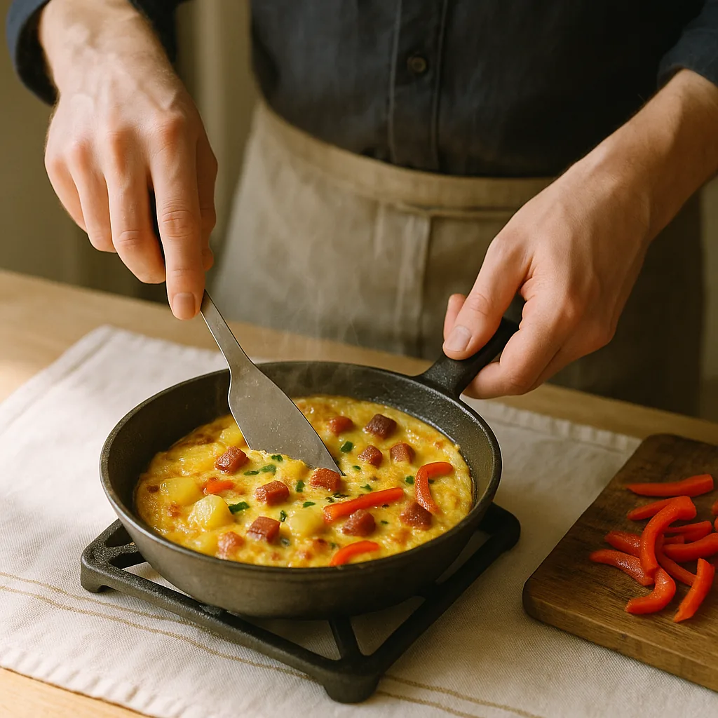 A pair of hands slides a thin metal fish slice under the edge of a setting frittata in a small pan and lifts it just enough to see underneath.