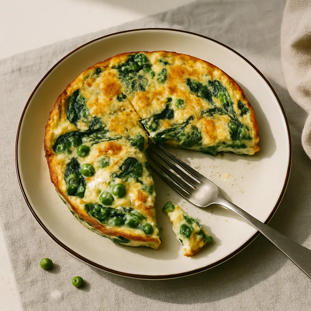 The finished frittata on a pale pink plate with a hand-painted thin black rim, cut into quarters with one quarter pulled slightly away.