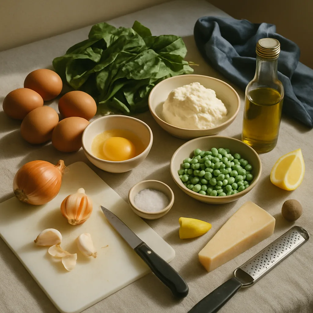 Ingredients laid out for a frittata with spinach, ricotta and peas: six eggs, a loose heap of fresh spinach, a mound of ricotta on a small plate, a bowl of frozen peas, a wedge of parmigiano with a microplane, 2 garlic cloves.