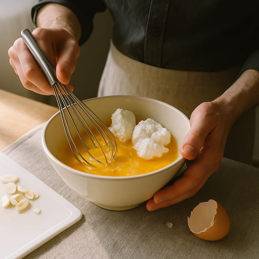 A pair of hands beats eggs in a bowl with a balloon whisk, the whites and yolks half combined so streaks of clear white are still visible in the yellow, a few bubbles at the surface and one drip running down the outside of the bowl.