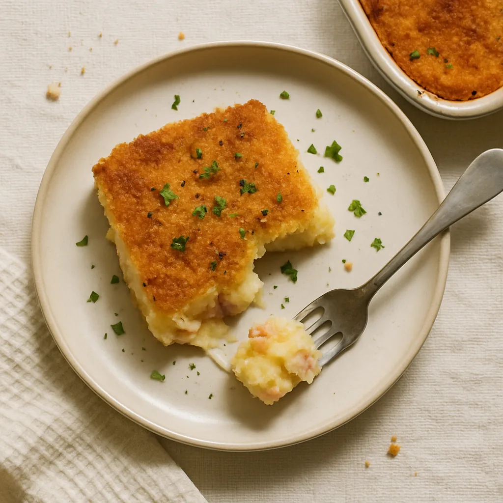 A portion of the finished gattò di patate on a matte cream stoneware plate. The top is a deep golden breadcrumb and butter crust.