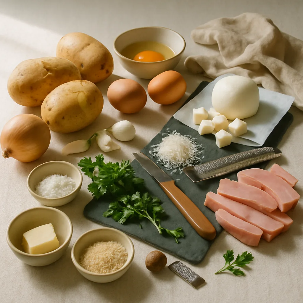 Ingredients laid out for gattò di patate, the Neapolitan potato cake with ham and mozzarella.