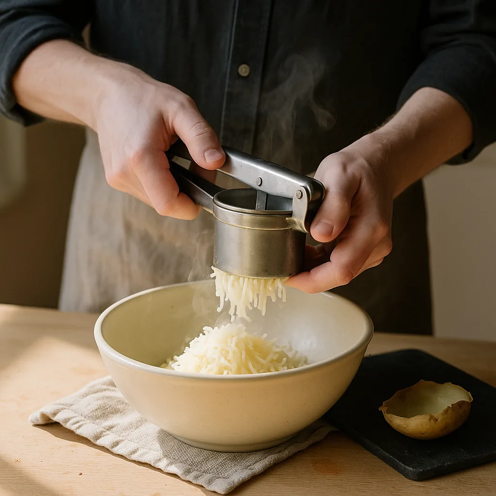 A pair of hands squeezes a potato ricer over a wide bowl, a thick column of fine potato threads pushing out through the holes and dropping in a soft pile below.