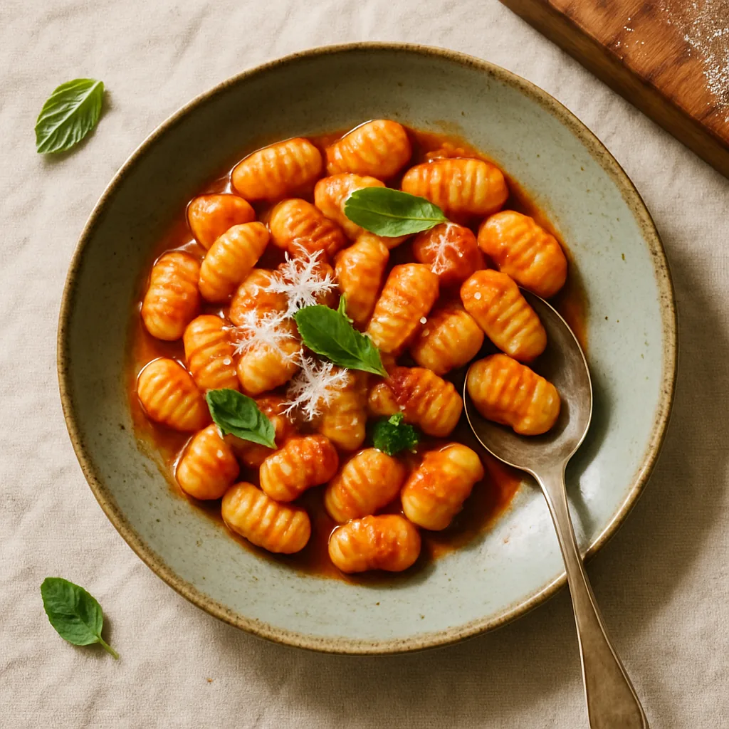The finished gnocchi on a sage green handmade plate with an irregular edge. Twenty or so plump ridged gnocchi, pale gold, in a simple bright tomato sauce that clings in the ridges rather than pooling.