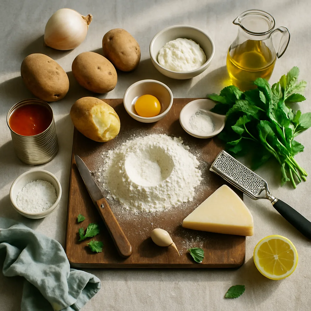 Ingredients laid out for potato, mint and pecorino gnocchi, the filling of Sardinian culurgiones made into gnocchi instead.