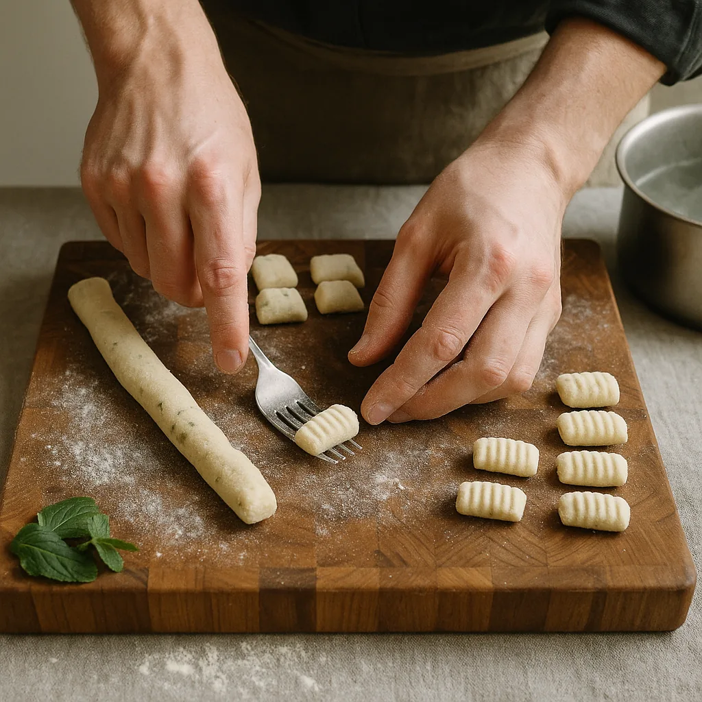 A pair of hands presses a small pale gnocco against the back of a fork to make ridges, on a floured end-grain walnut board.