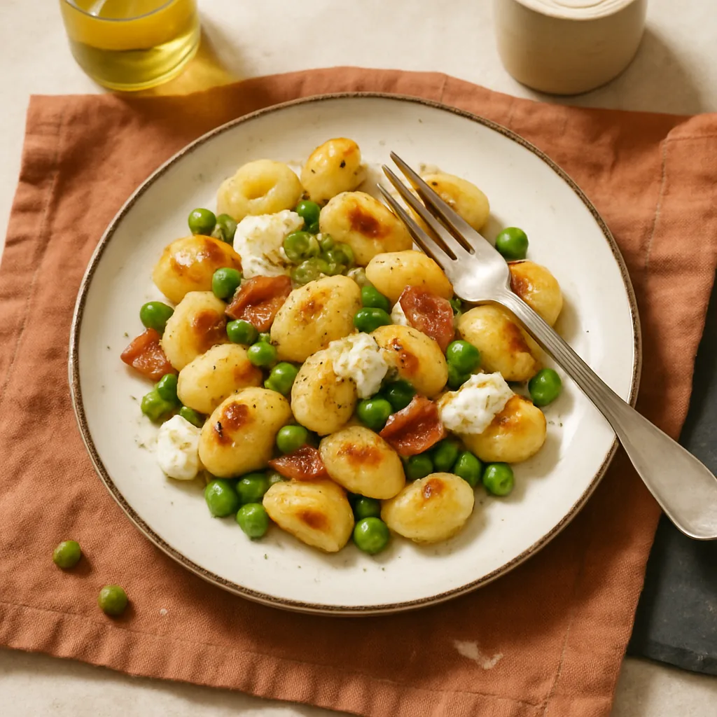 The finished dish on a pale pink plate with a hand-painted thin black rim. Plump gnocchi with a few browned faces, bright green peas rolled among them, crisp curled strips of speck.