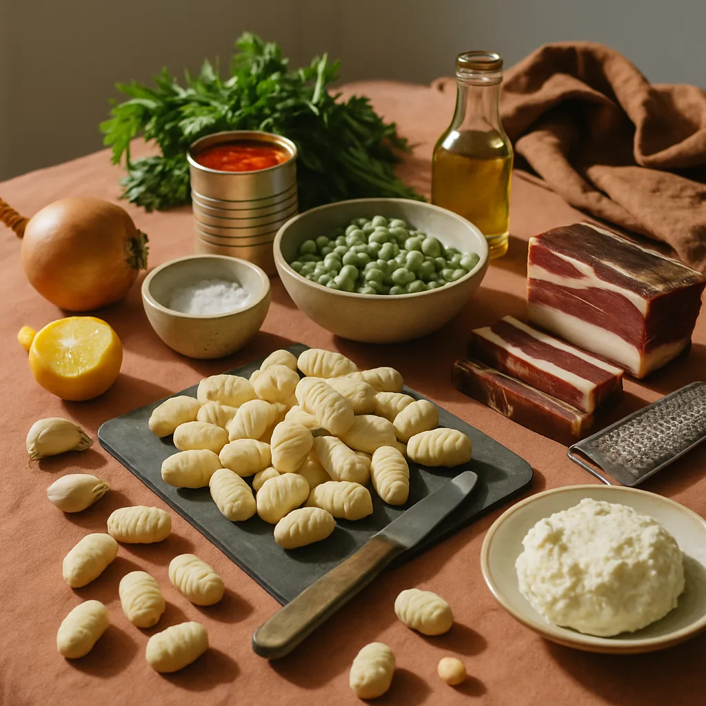 Ingredients laid out for potato gnocchi with peas, speck and ricotta: a heap of potato gnocchi, speck cut into thick strips, a bowl of frozen peas, a mound of ricotta on a small plate, a wedge of parmigiano with a microplane.